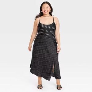 A New Day Black & White Polka Dot Asymmetrical Midi Slip Dress Size L